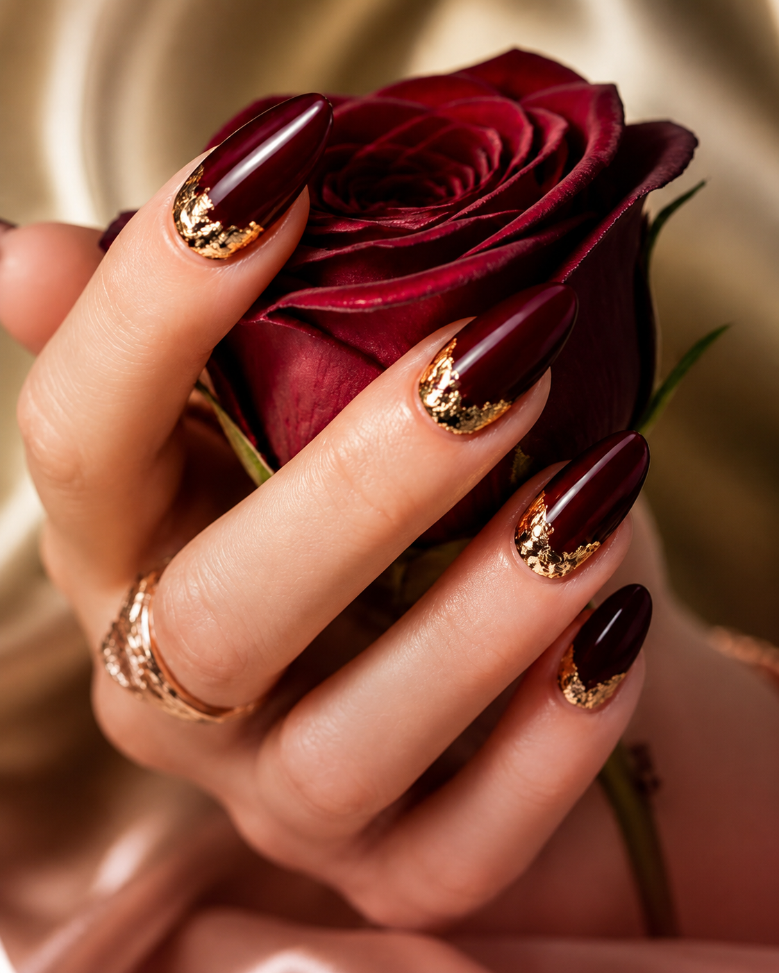 Wine burgundy nails with gold foil detail
